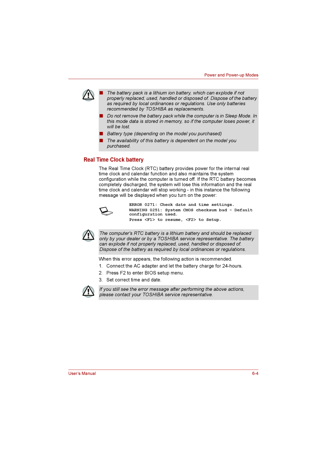 Toshiba toshiba satellite user's manual user manual Real Time Clock battery, Error 