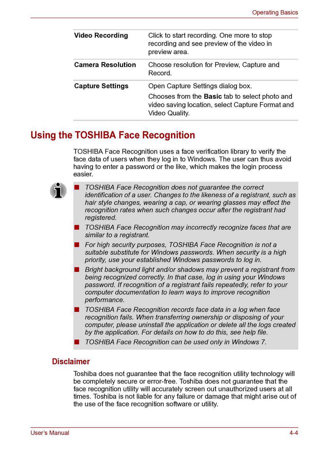 Toshiba toshiba satellite user manual Using the Toshiba Face Recognition, Disclaimer 