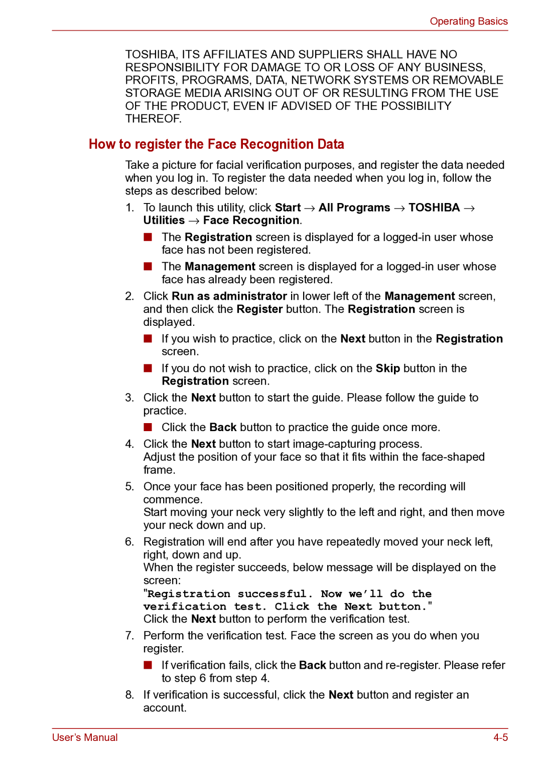 Toshiba toshiba satellite user manual How to register the Face Recognition Data 