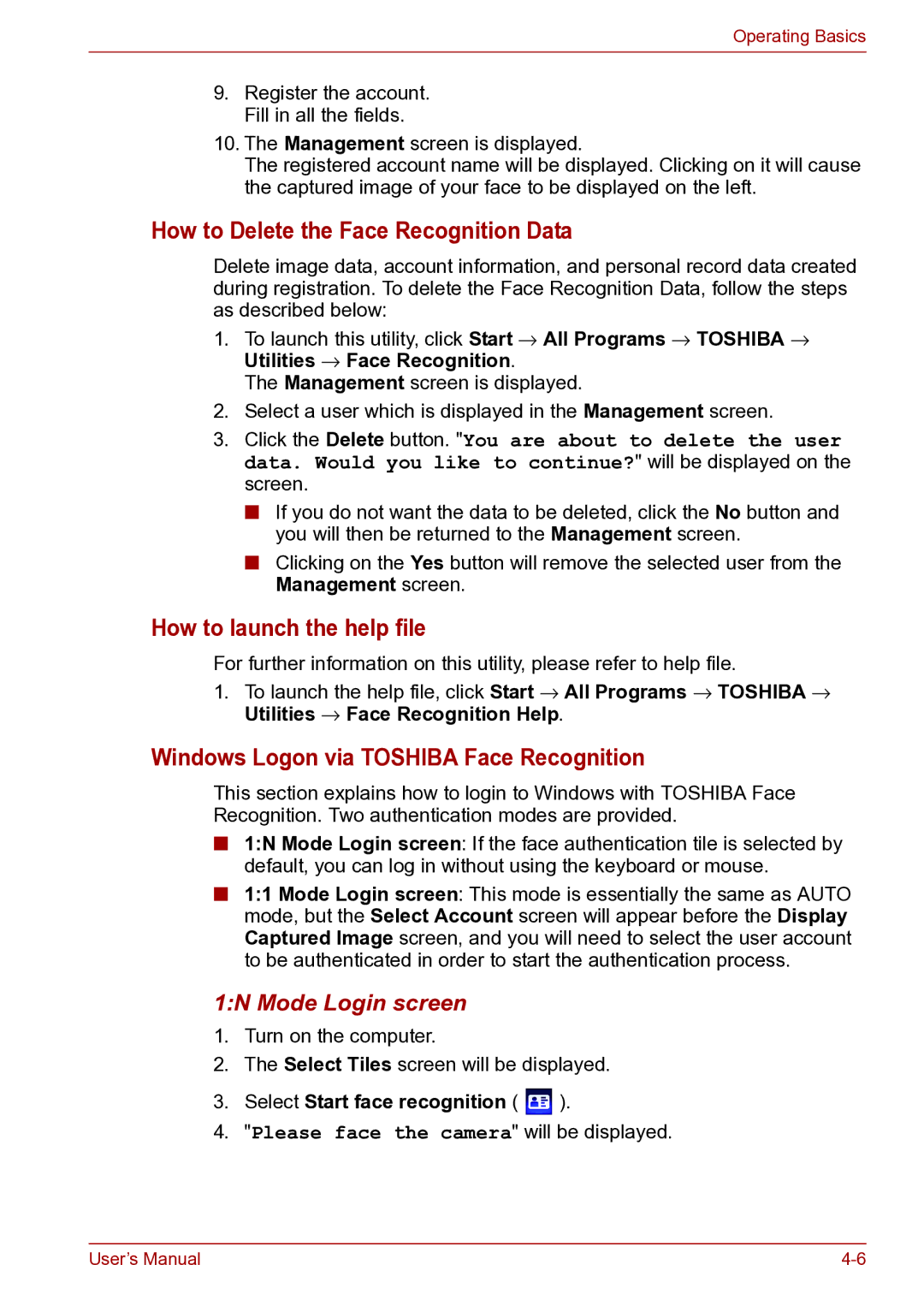 Toshiba toshiba satellite How to Delete the Face Recognition Data, How to launch the help file, 1N Mode Login screen 