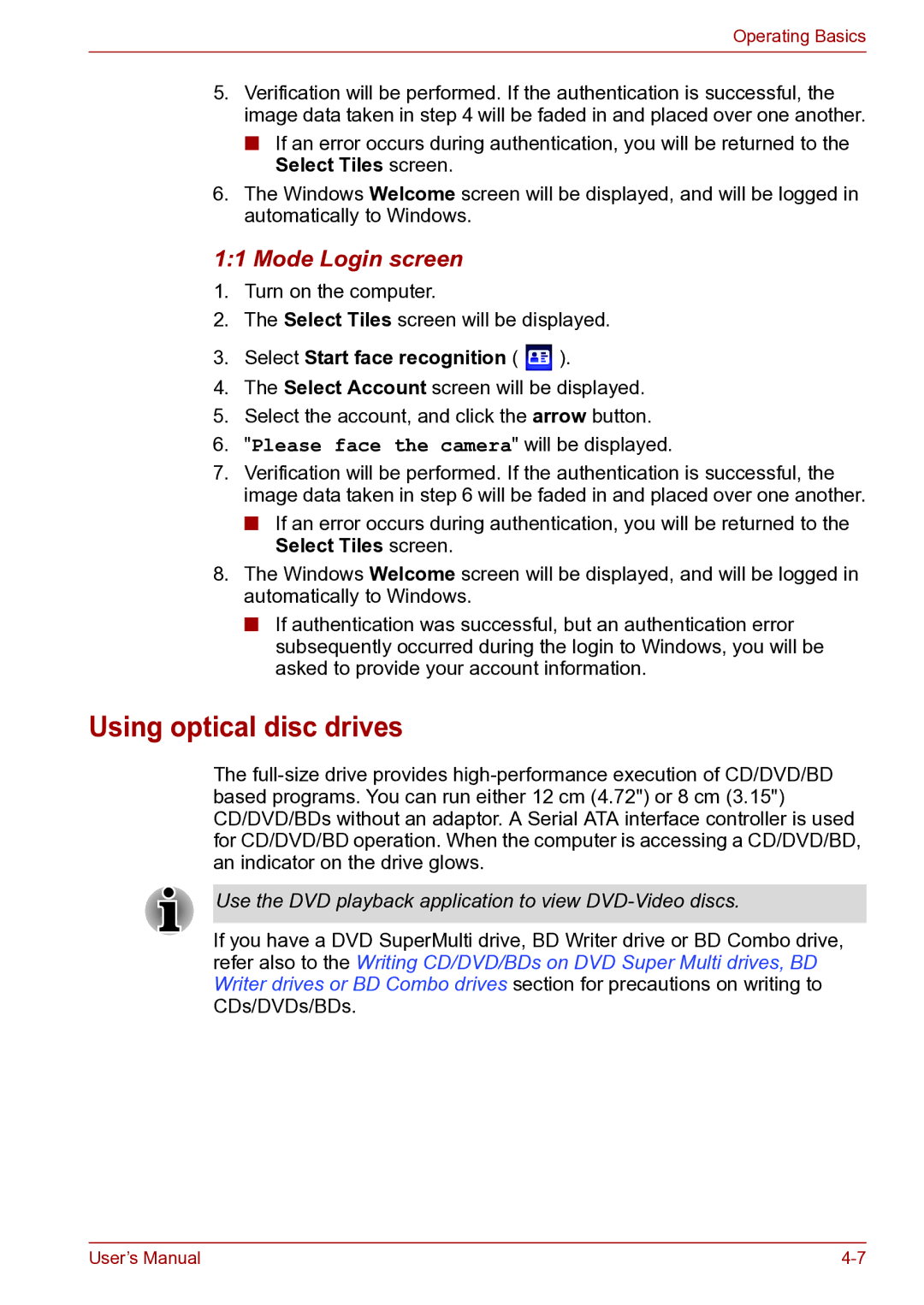 Toshiba toshiba satellite user manual Using optical disc drives, Mode Login screen 