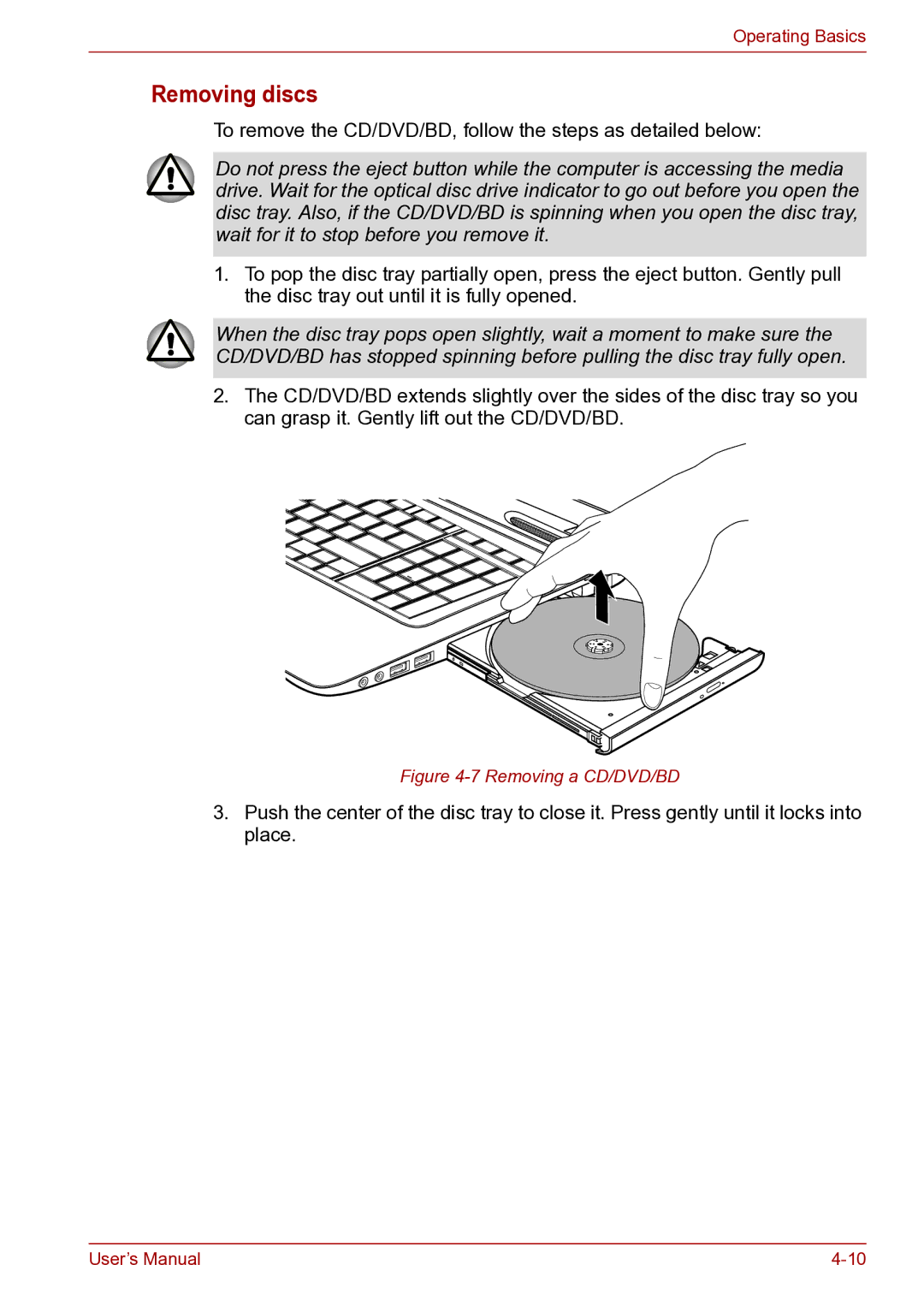 Toshiba toshiba satellite user manual Removing discs, Removing a CD/DVD/BD 