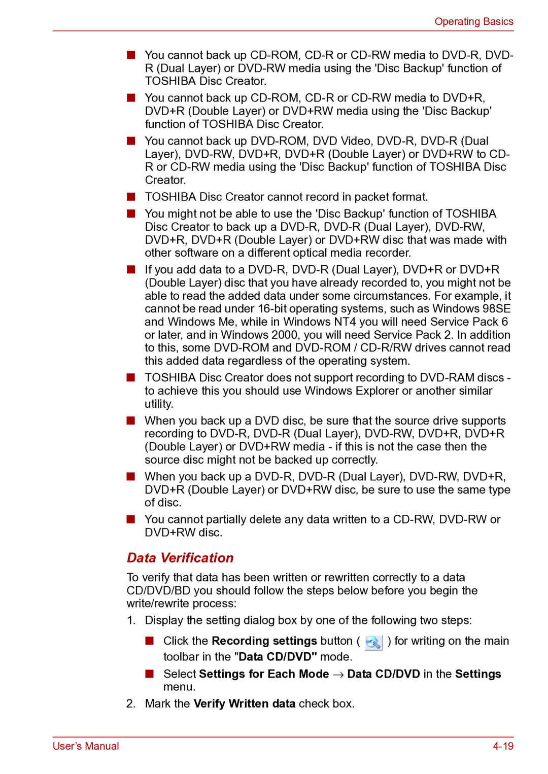 Toshiba toshiba satellite user manual Data Verification 