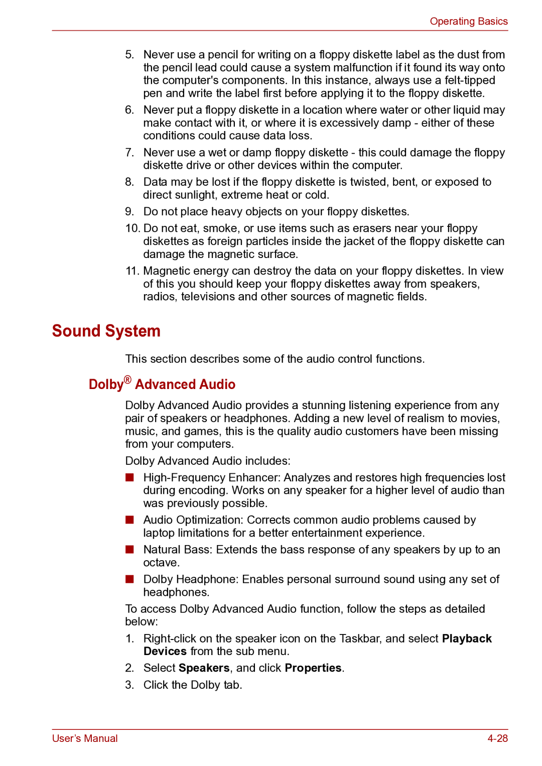 Toshiba toshiba satellite user manual Sound System, Dolby Advanced Audio 