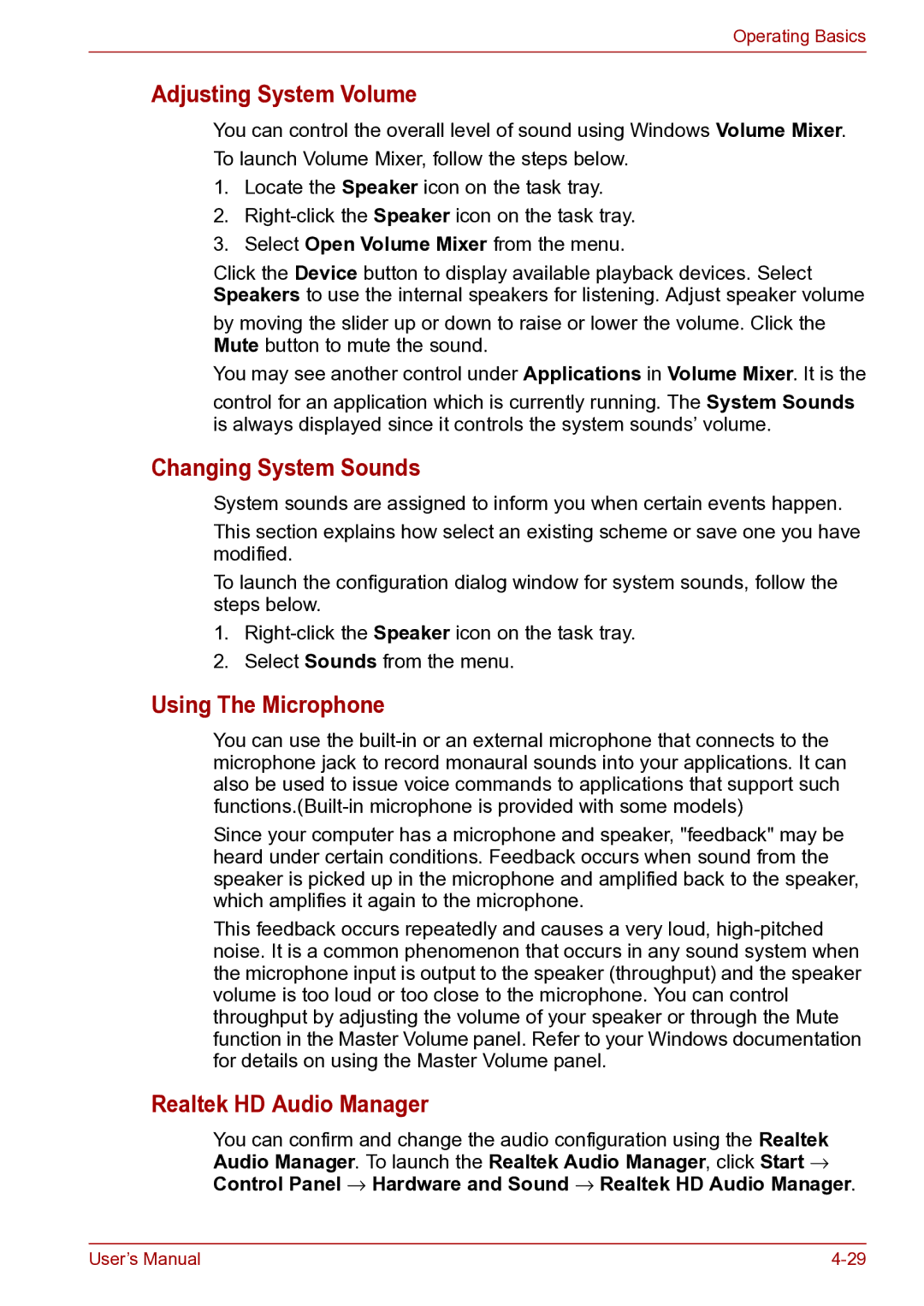Toshiba toshiba satellite Adjusting System Volume, Changing System Sounds, Using The Microphone, Realtek HD Audio Manager 