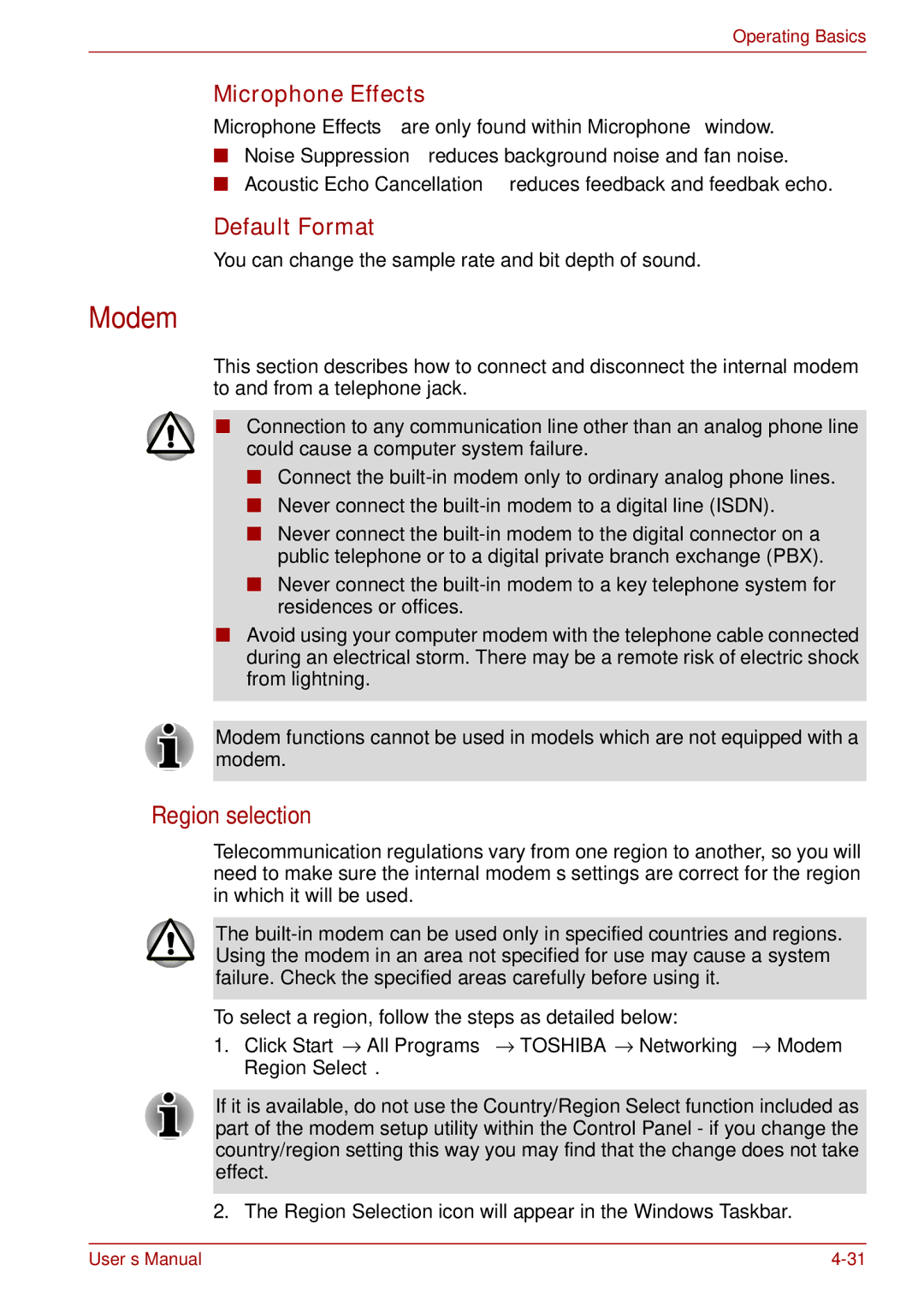 Toshiba toshiba satellite user manual Modem, Microphone Effects, Default Format 