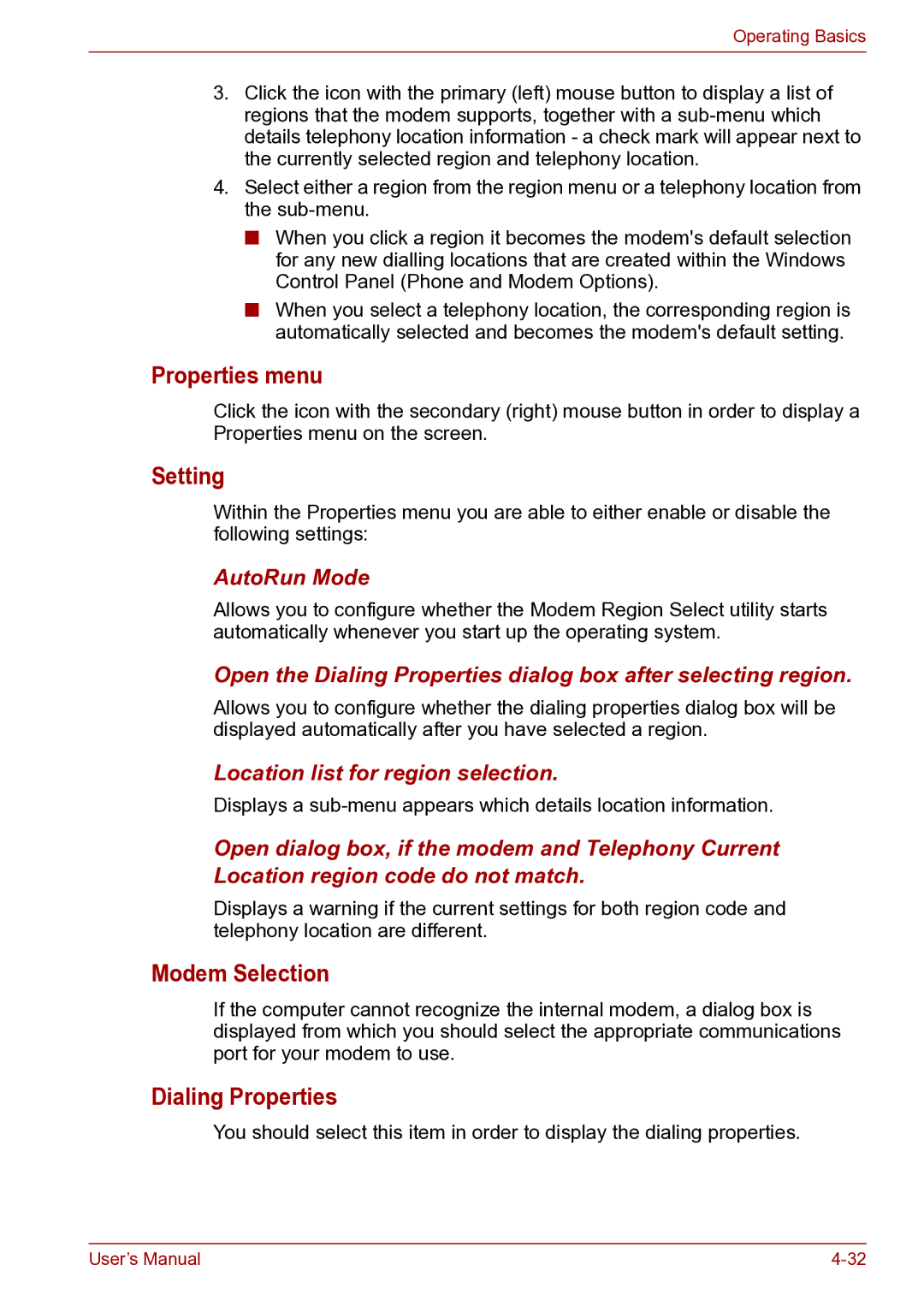 Toshiba toshiba satellite user manual Properties menu, Setting, Modem Selection, Dialing Properties 