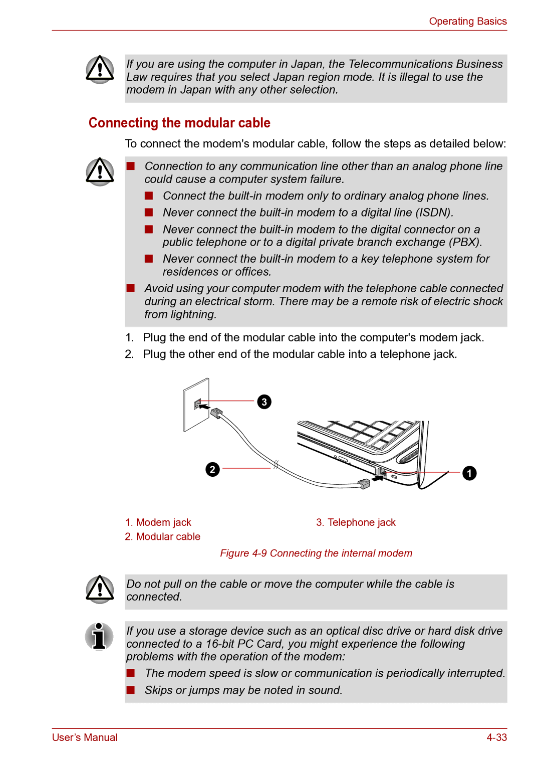 Toshiba toshiba satellite user manual Connecting the modular cable, Connecting the internal modem 