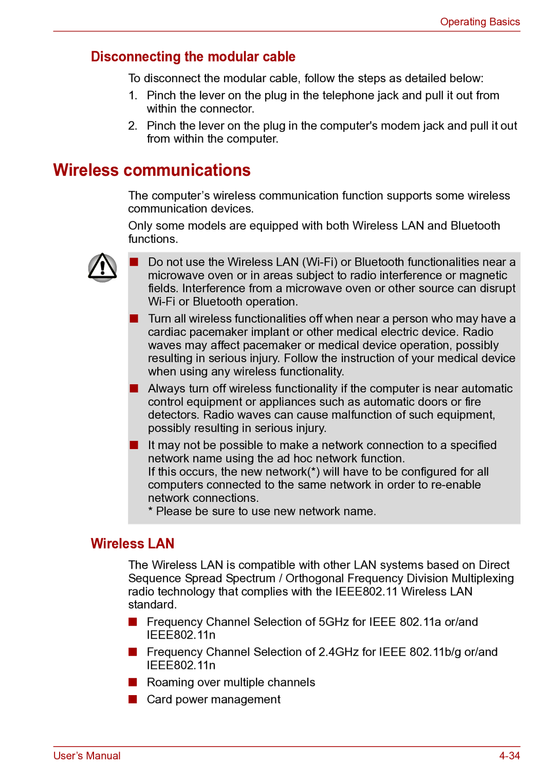 Toshiba toshiba satellite user manual Wireless communications, Disconnecting the modular cable, Wireless LAN 