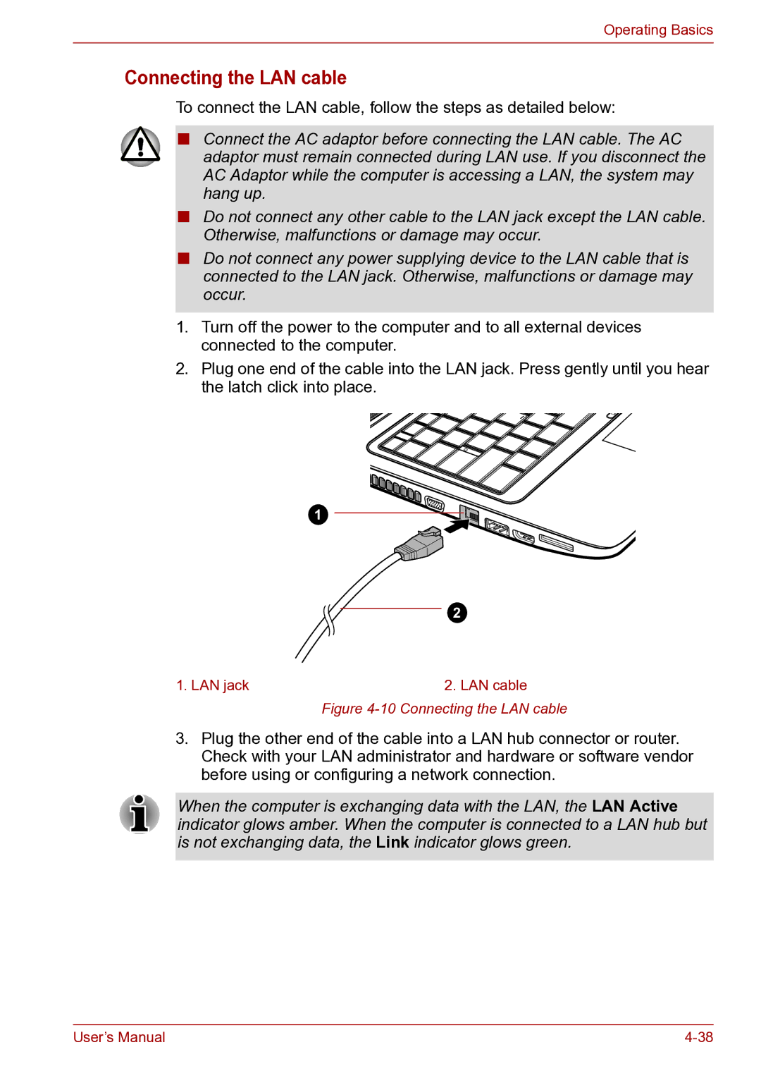 Toshiba toshiba satellite user manual Connecting the LAN cable 