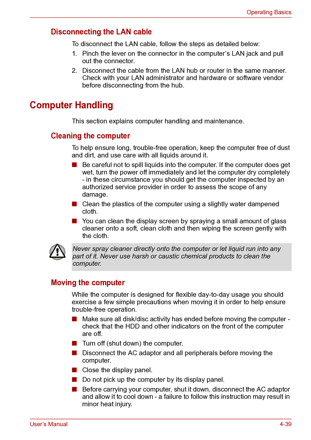 Toshiba toshiba satellite Computer Handling, Disconnecting the LAN cable, Cleaning the computer, Moving the computer 