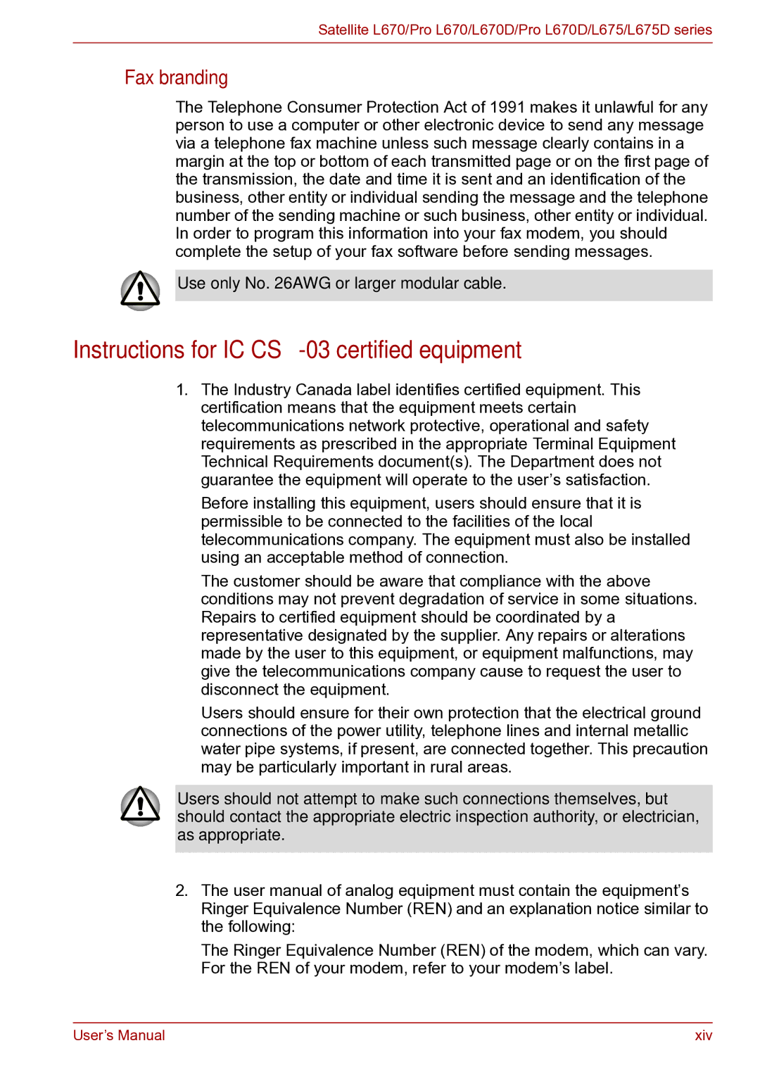 Toshiba toshiba satellite user manual Instructions for IC CS-03 certified equipment, Fax branding 