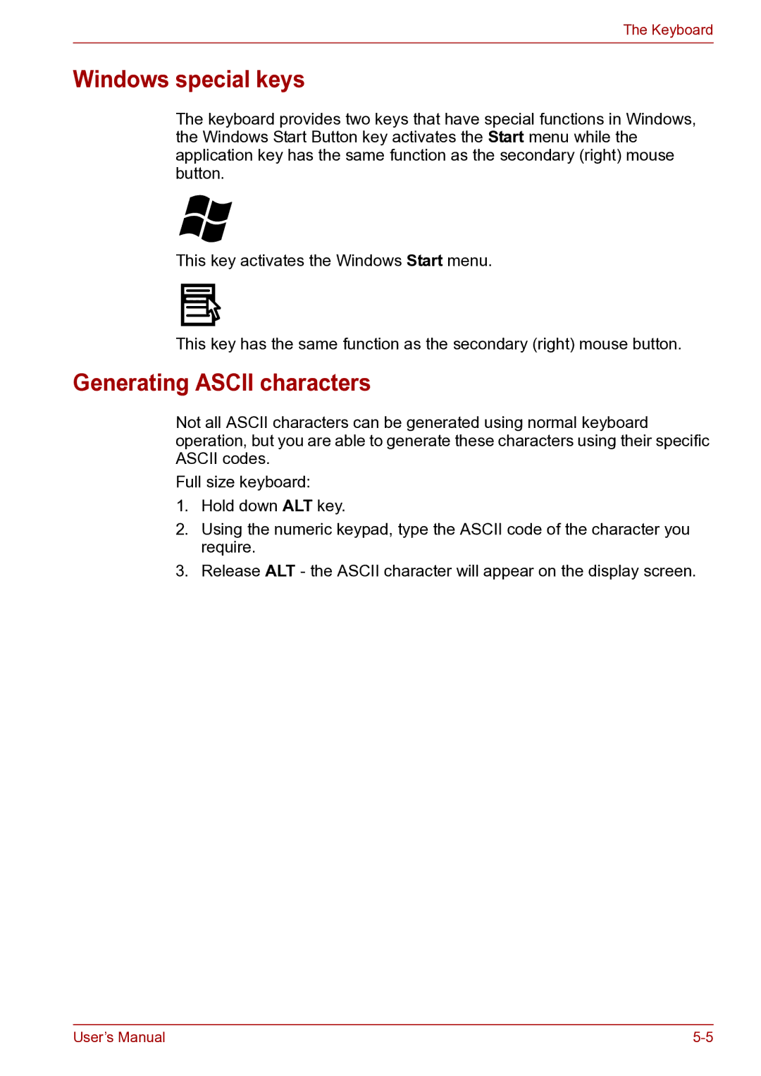 Toshiba toshiba satellite user manual Windows special keys, Generating Ascii characters 