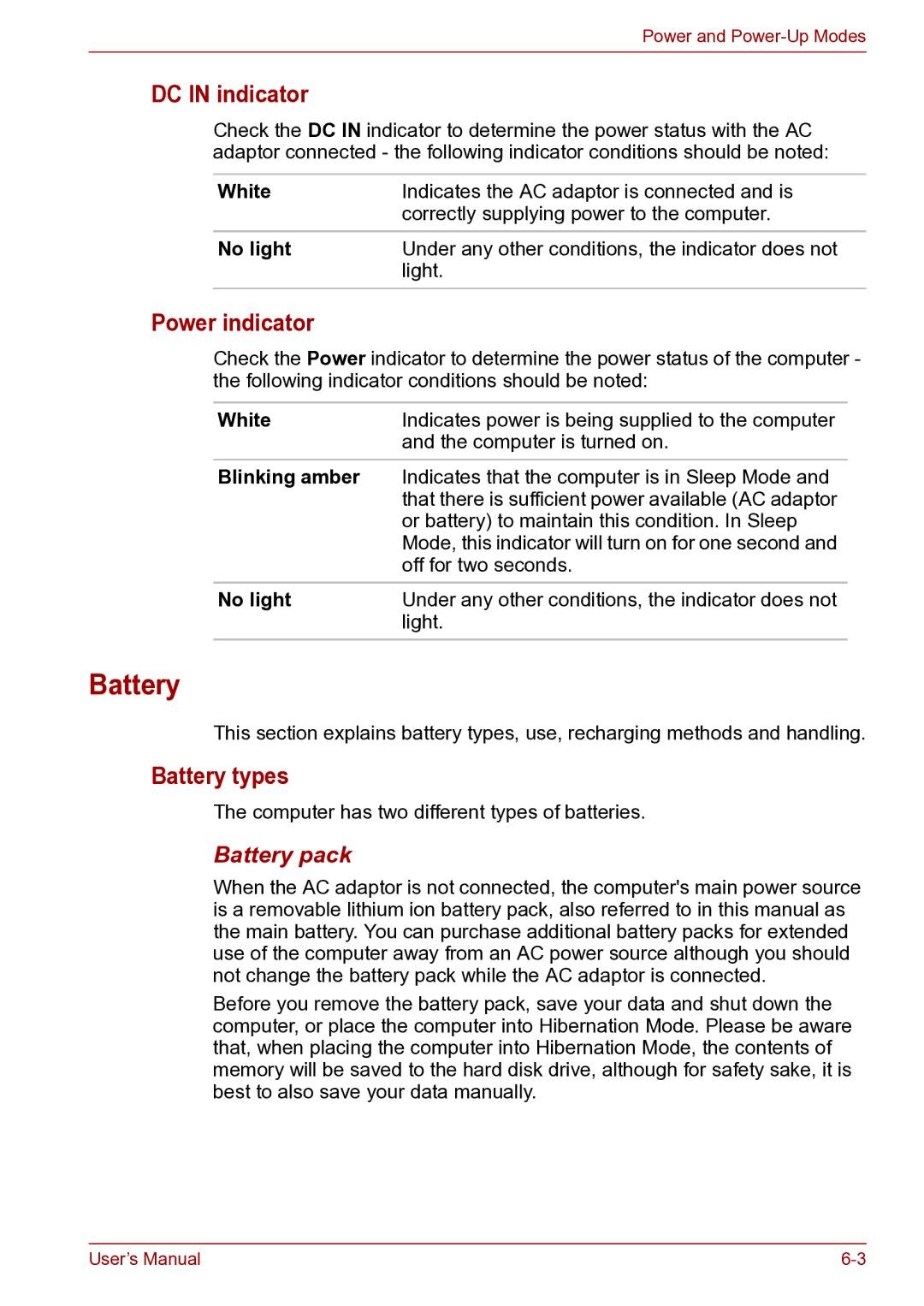 Toshiba toshiba satellite user manual DC in indicator, Power indicator, Battery types, Battery pack 