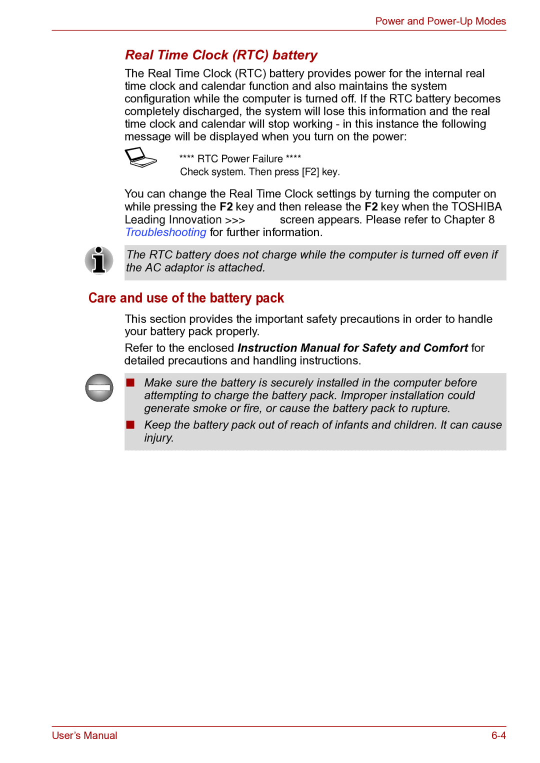 Toshiba toshiba satellite user manual Care and use of the battery pack, Real Time Clock RTC battery 