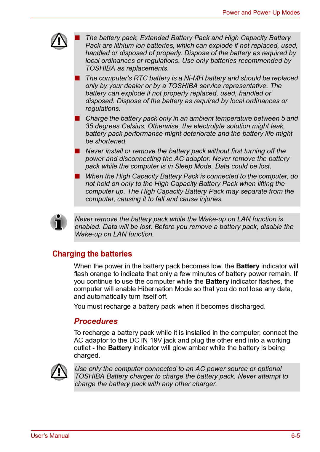 Toshiba toshiba satellite user manual Charging the batteries, Procedures 