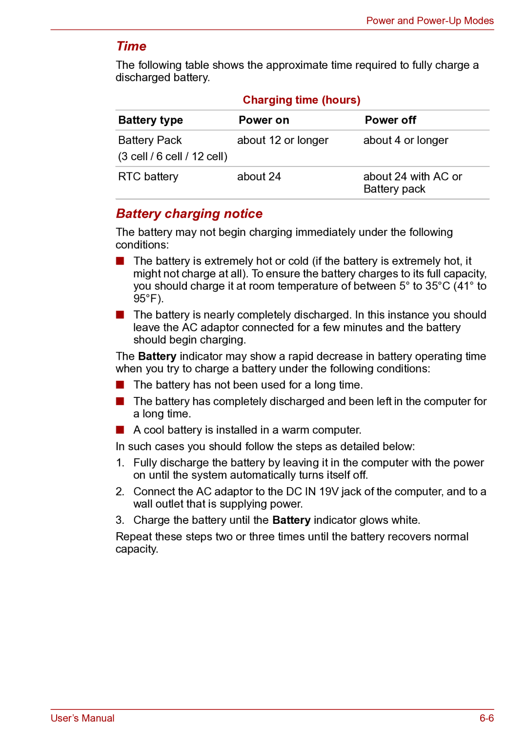 Toshiba toshiba satellite user manual Time, Battery charging notice, Battery type Power on Power off 