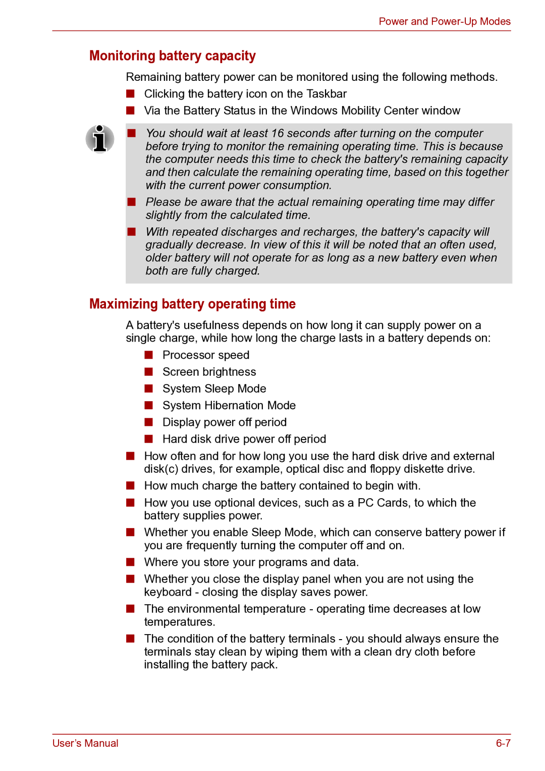 Toshiba toshiba satellite user manual Monitoring battery capacity, Maximizing battery operating time 