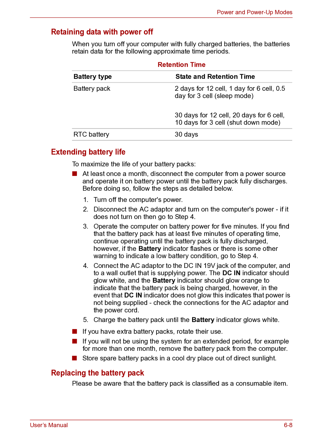 Toshiba toshiba satellite user manual Retaining data with power off, Extending battery life, Replacing the battery pack 