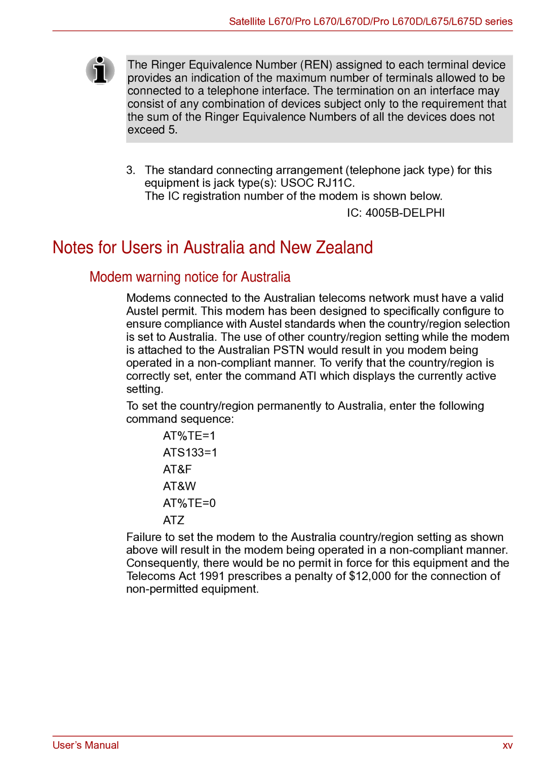 Toshiba toshiba satellite user manual Modem warning notice for Australia, AT&F AT&W AT%TE=0 ATZ 