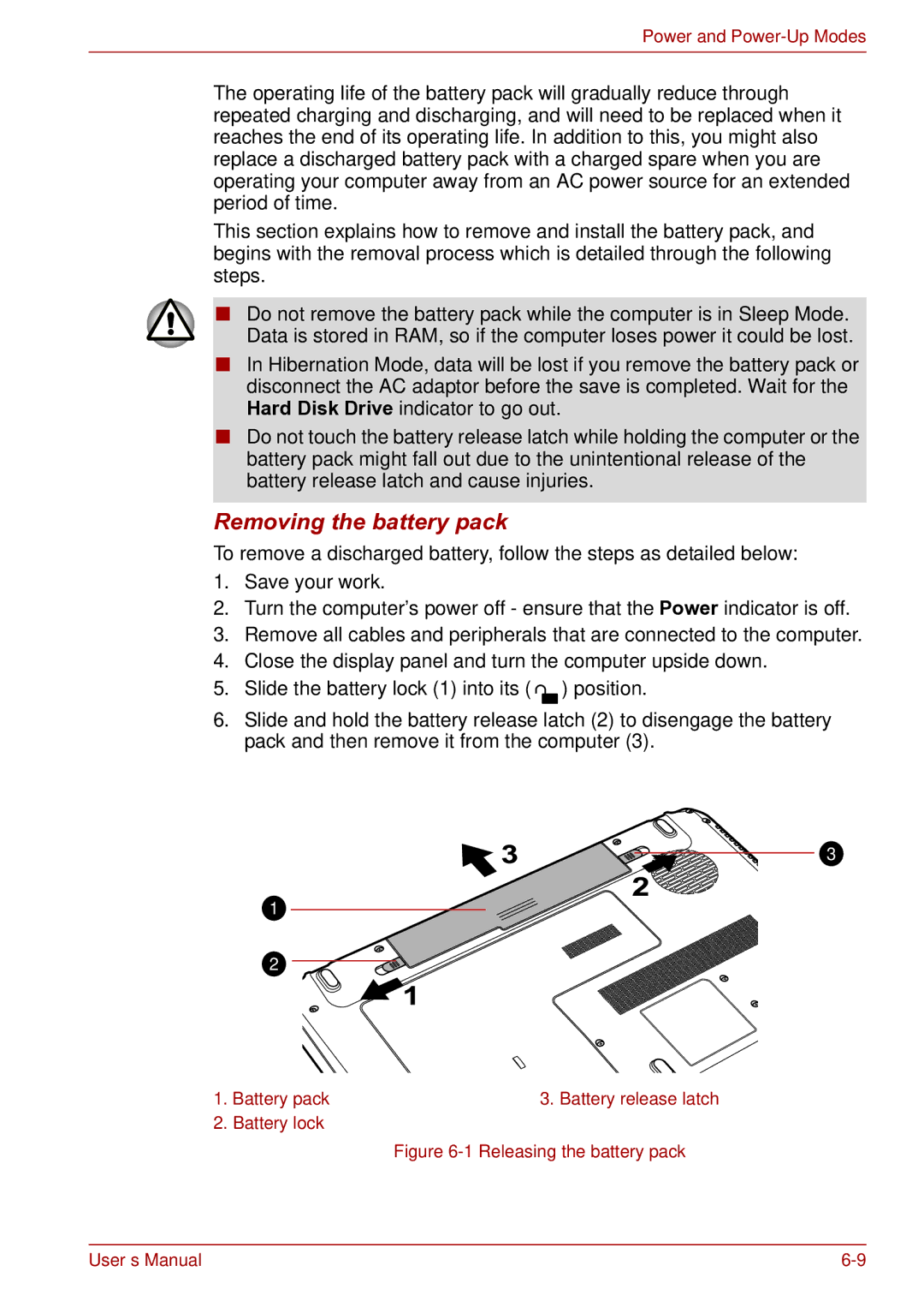 Toshiba toshiba satellite user manual Removing the battery pack, Releasing the battery pack 