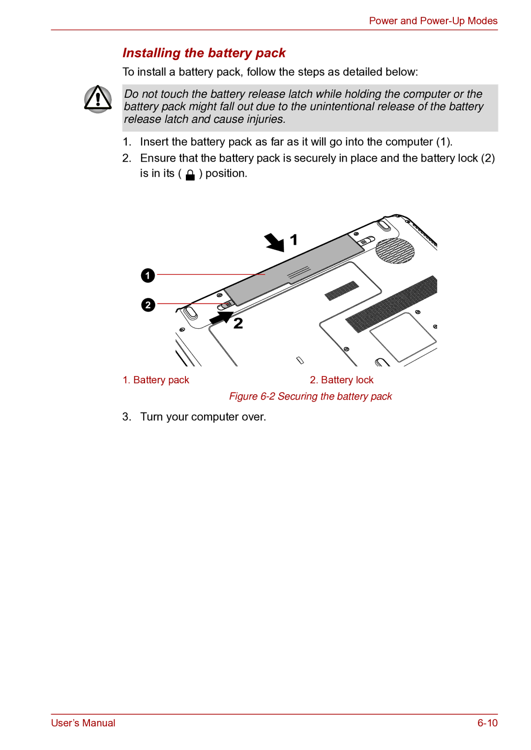 Toshiba toshiba satellite user manual Installing the battery pack, Securing the battery pack 