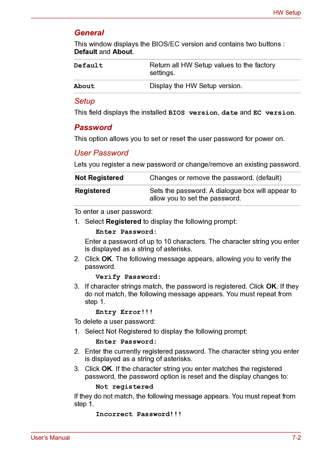 Toshiba toshiba satellite user manual General, Password, Not Registered Changes or remove the password. default 