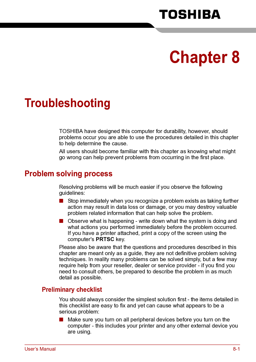 Toshiba toshiba satellite user manual Troubleshooting, Problem solving process, Preliminary checklist 