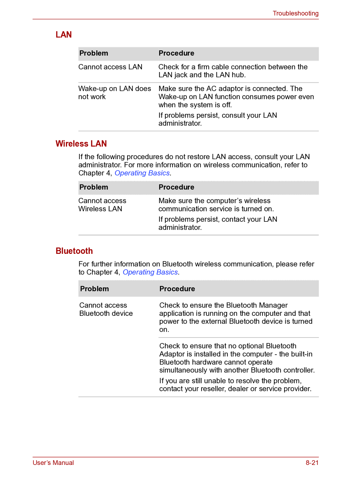 Toshiba toshiba satellite user manual Lan, Bluetooth 