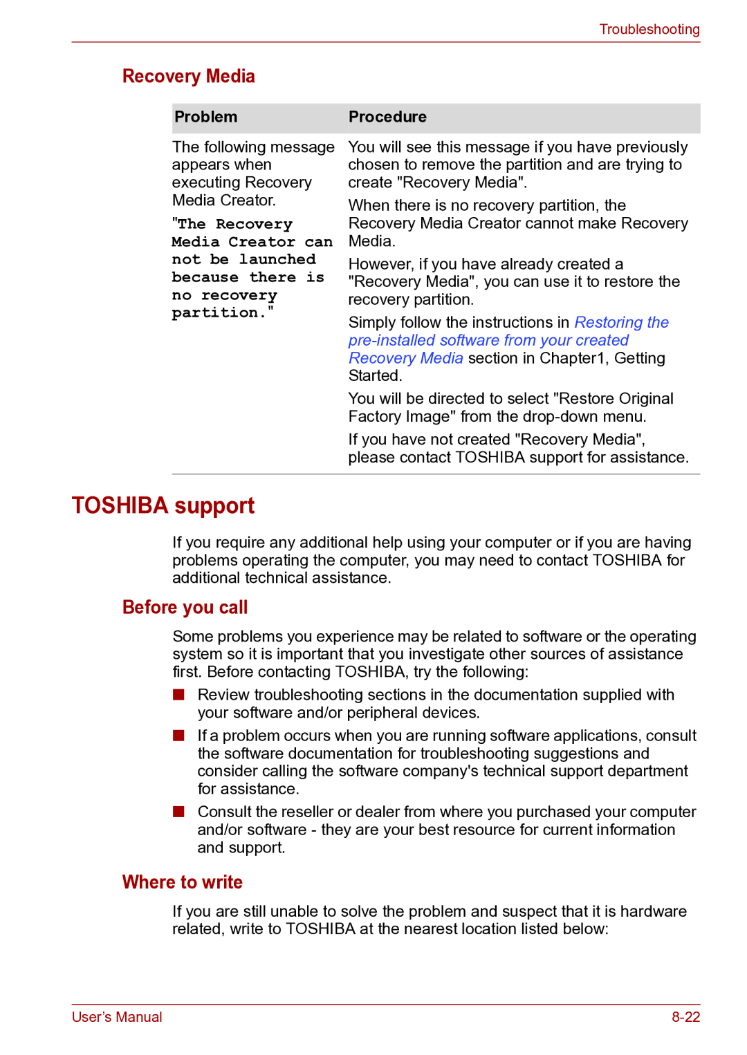 Toshiba toshiba satellite user manual Toshiba support, Recovery Media, Before you call, Where to write 