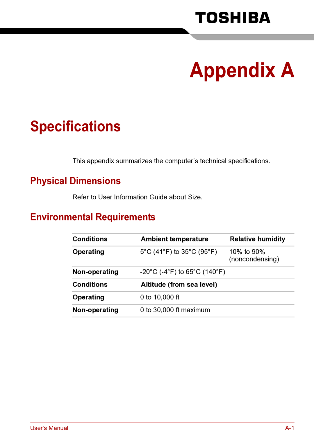 Toshiba toshiba satellite user manual Specifications, Physical Dimensions, Environmental Requirements 