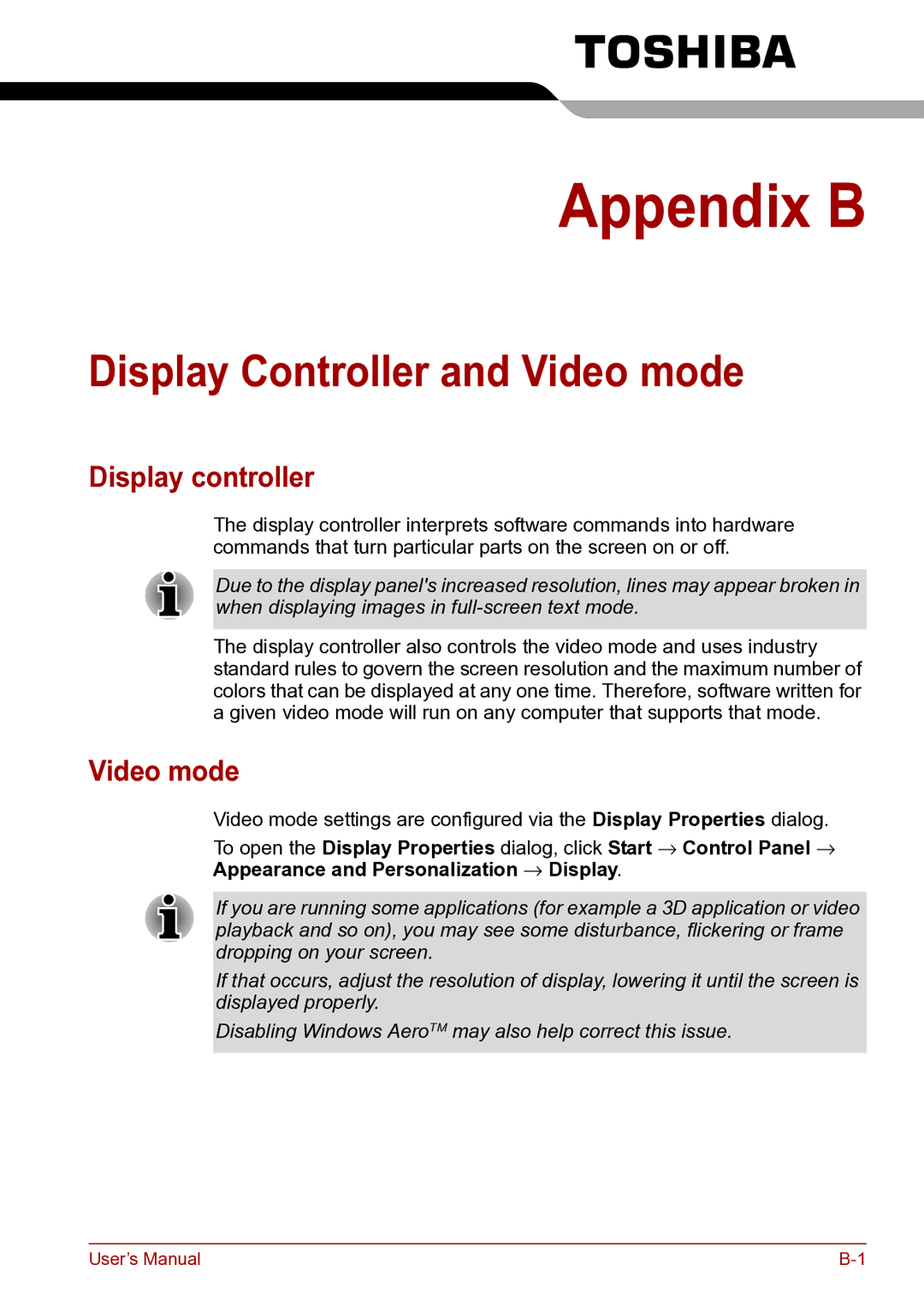 Toshiba toshiba satellite user manual Display Controller and Video mode, Display controller 