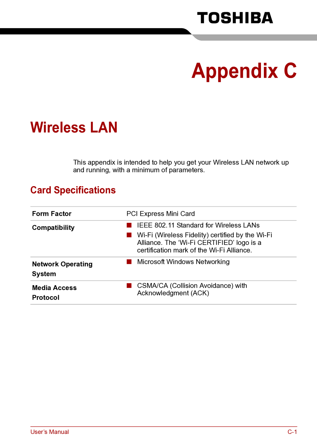 Toshiba toshiba satellite user manual Wireless LAN, Card Specifications 