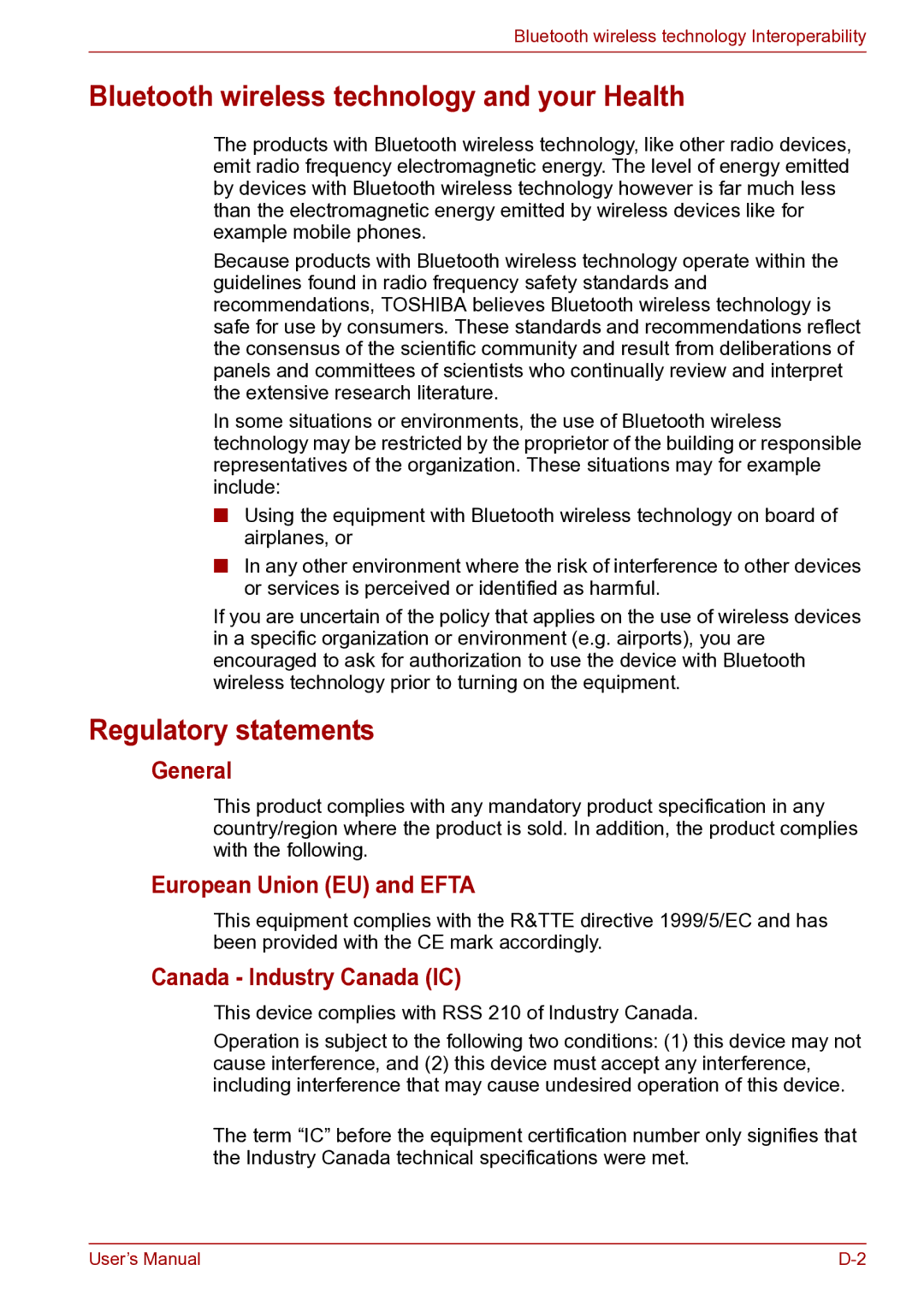 Toshiba toshiba satellite user manual Bluetooth wireless technology and your Health, Regulatory statements, General 