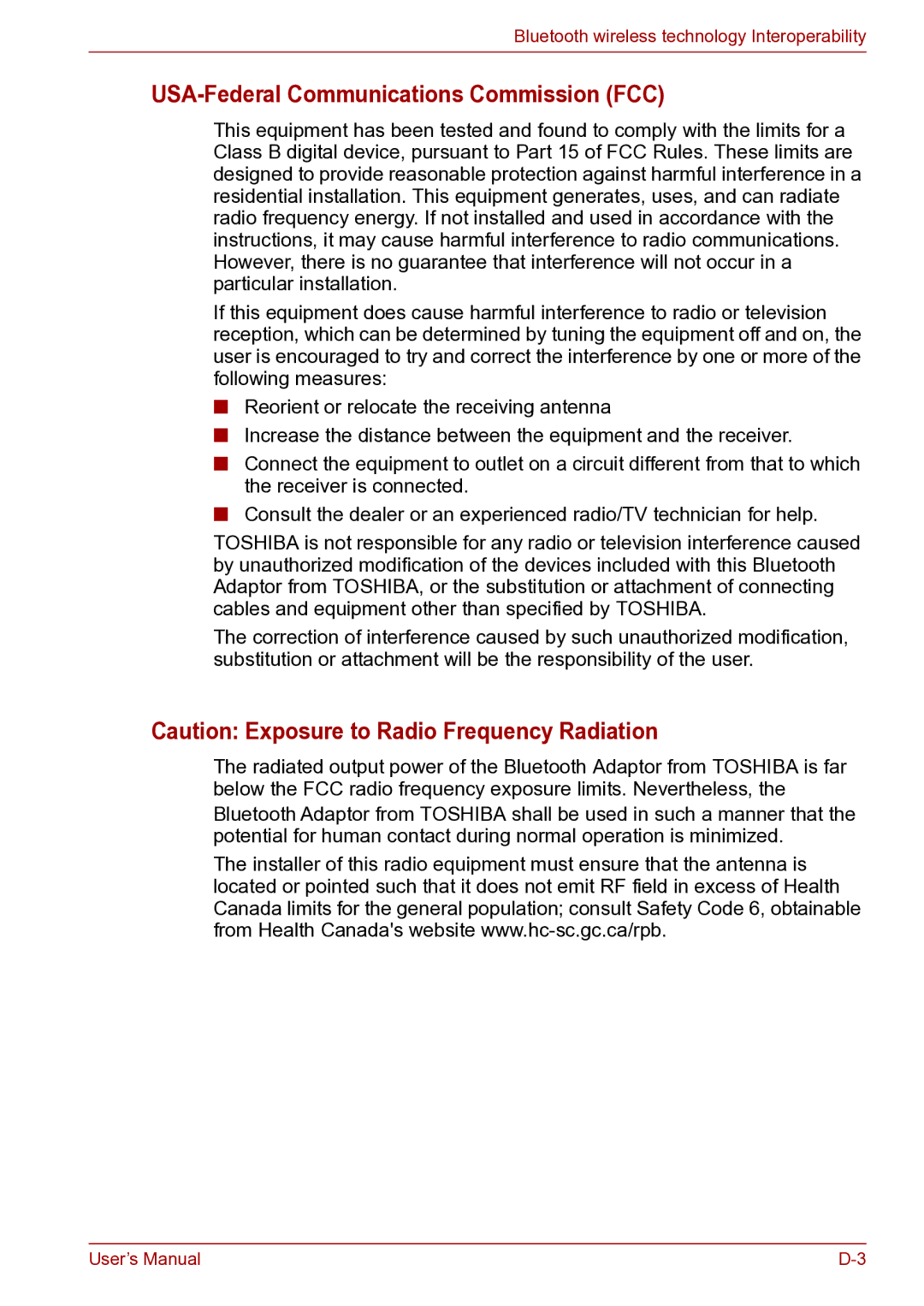 Toshiba toshiba satellite user manual USA-Federal Communications Commission FCC 