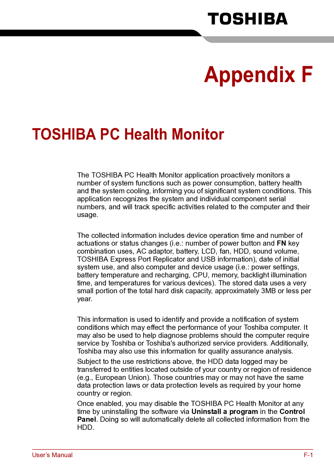 Toshiba toshiba satellite user manual Appendix F, Toshiba PC Health Monitor 