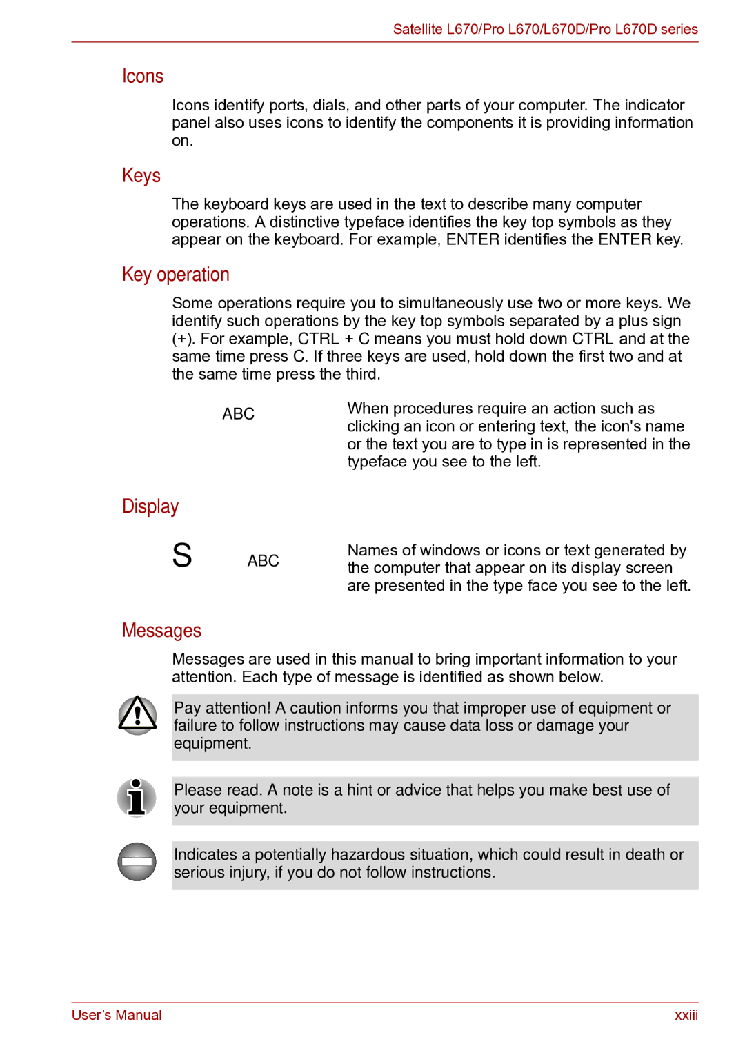 Toshiba toshiba satellite user manual Icons, Keys, Key operation, Display, Messages 