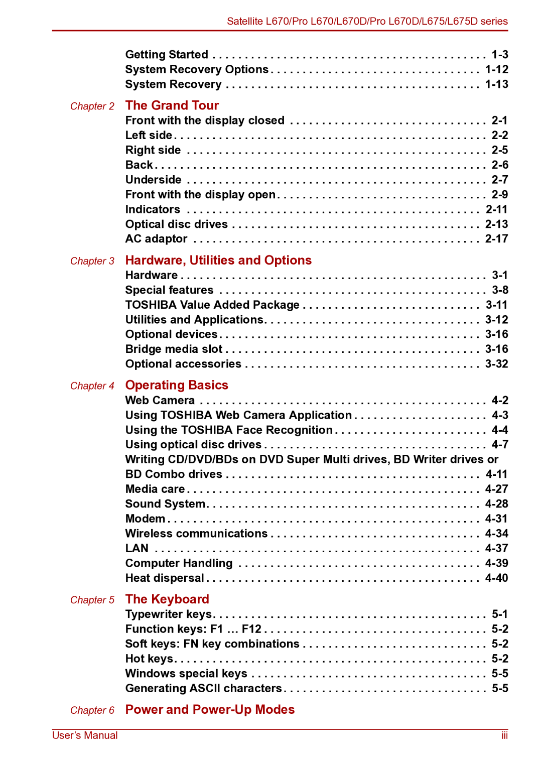 Toshiba toshiba satellite user manual Grand Tour, Getting Started System Recovery Options 