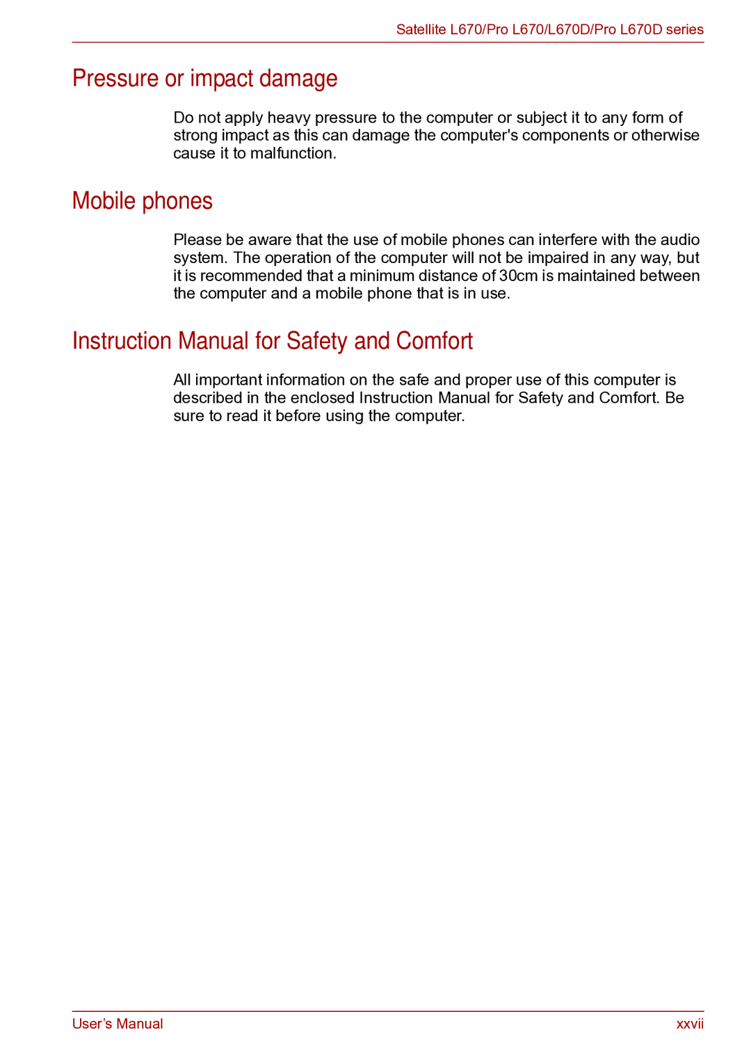 Toshiba toshiba satellite user manual Pressure or impact damage, Mobile phones 