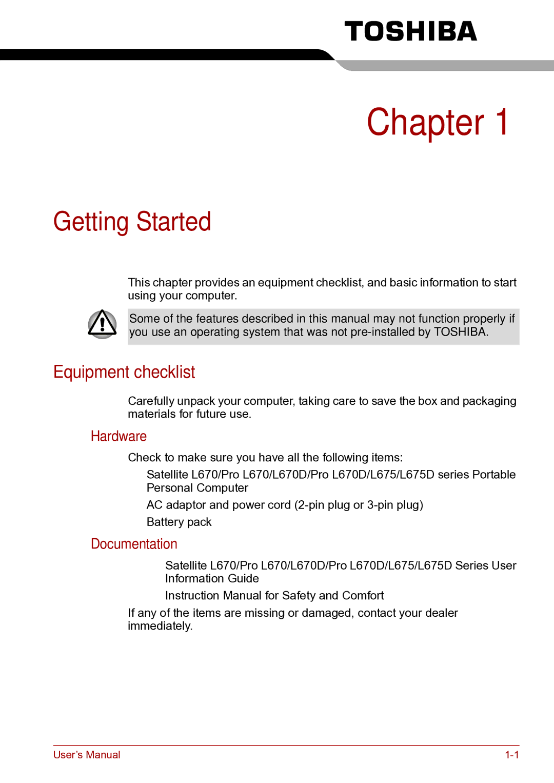 Toshiba toshiba satellite user manual Getting Started, Equipment checklist, Hardware, Documentation 