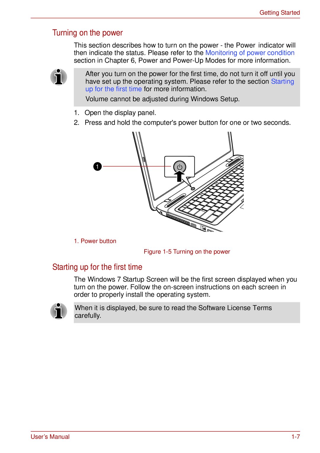 Toshiba toshiba satellite user manual Turning on the power, Starting up for the first time 