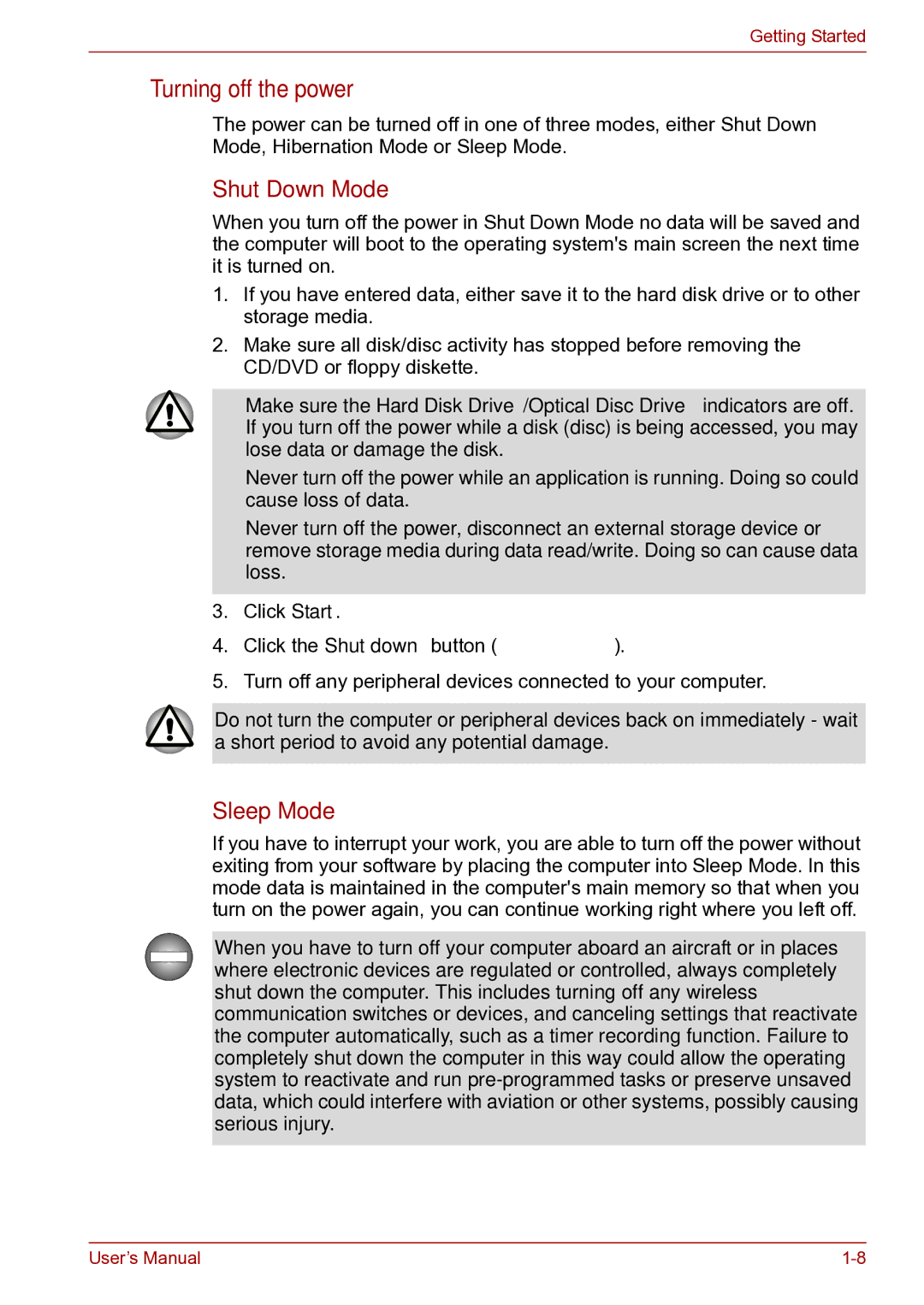 Toshiba toshiba satellite user manual Turning off the power, Shut Down Mode, Sleep Mode 