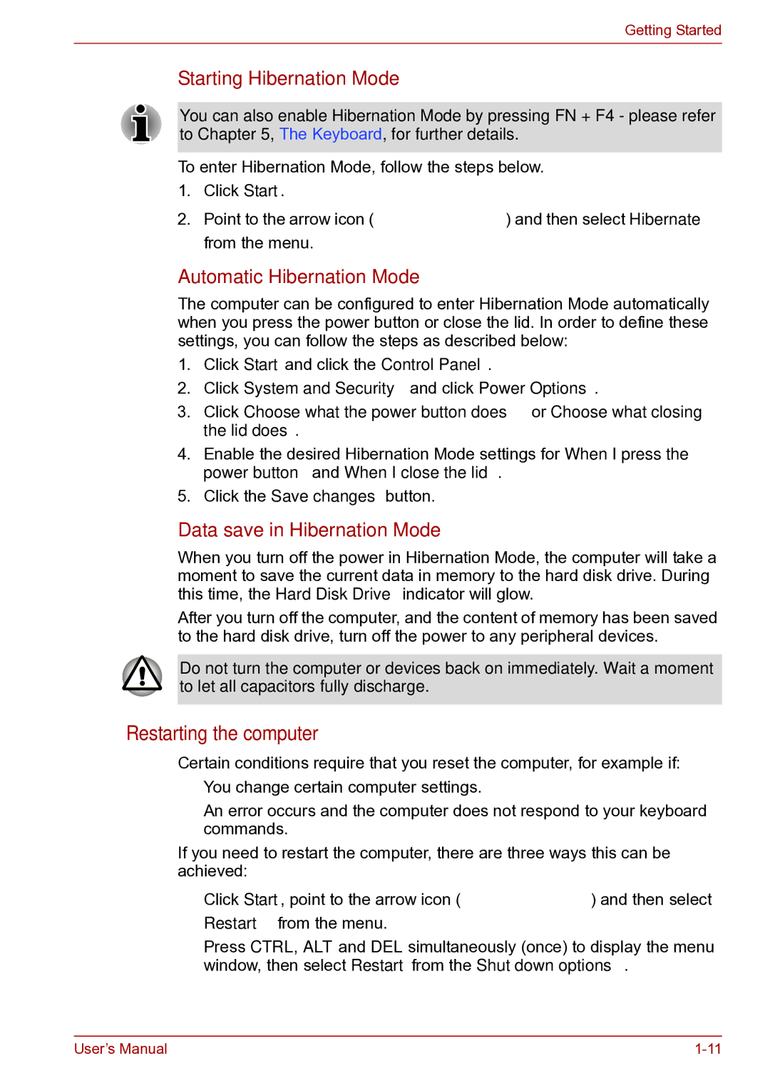 Toshiba toshiba satellite user manual Restarting the computer, Starting Hibernation Mode 