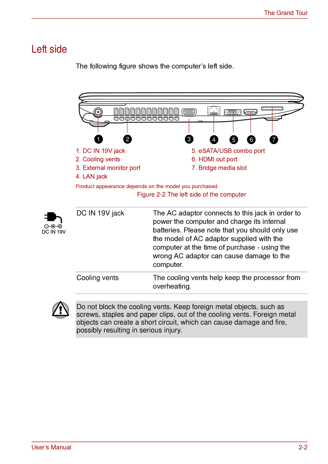 Toshiba toshiba satellite user manual Left side, DC in 19V jack, Cooling vents 