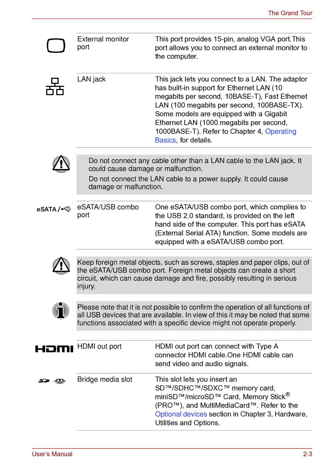 Toshiba toshiba satellite user manual External monitor, Port, LAN jack, ESATA/USB combo, Hdmi out port, Bridge media slot 