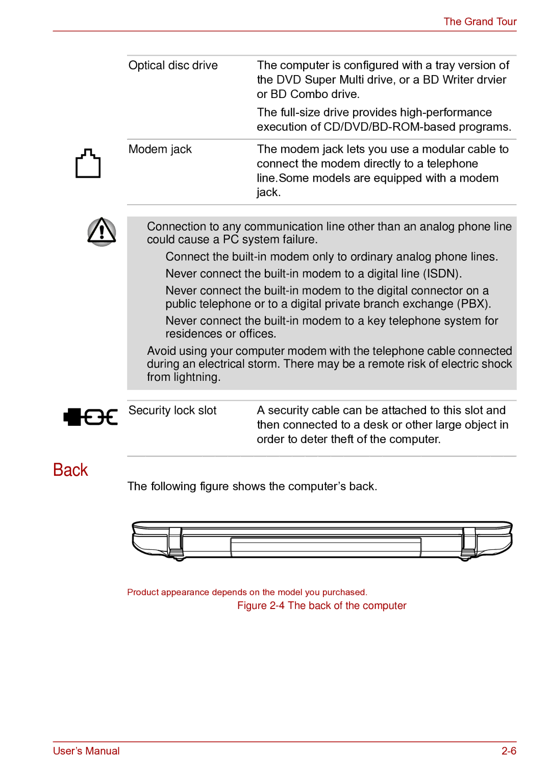 Toshiba toshiba satellite user manual Back, Optical disc drive, Modem jack 