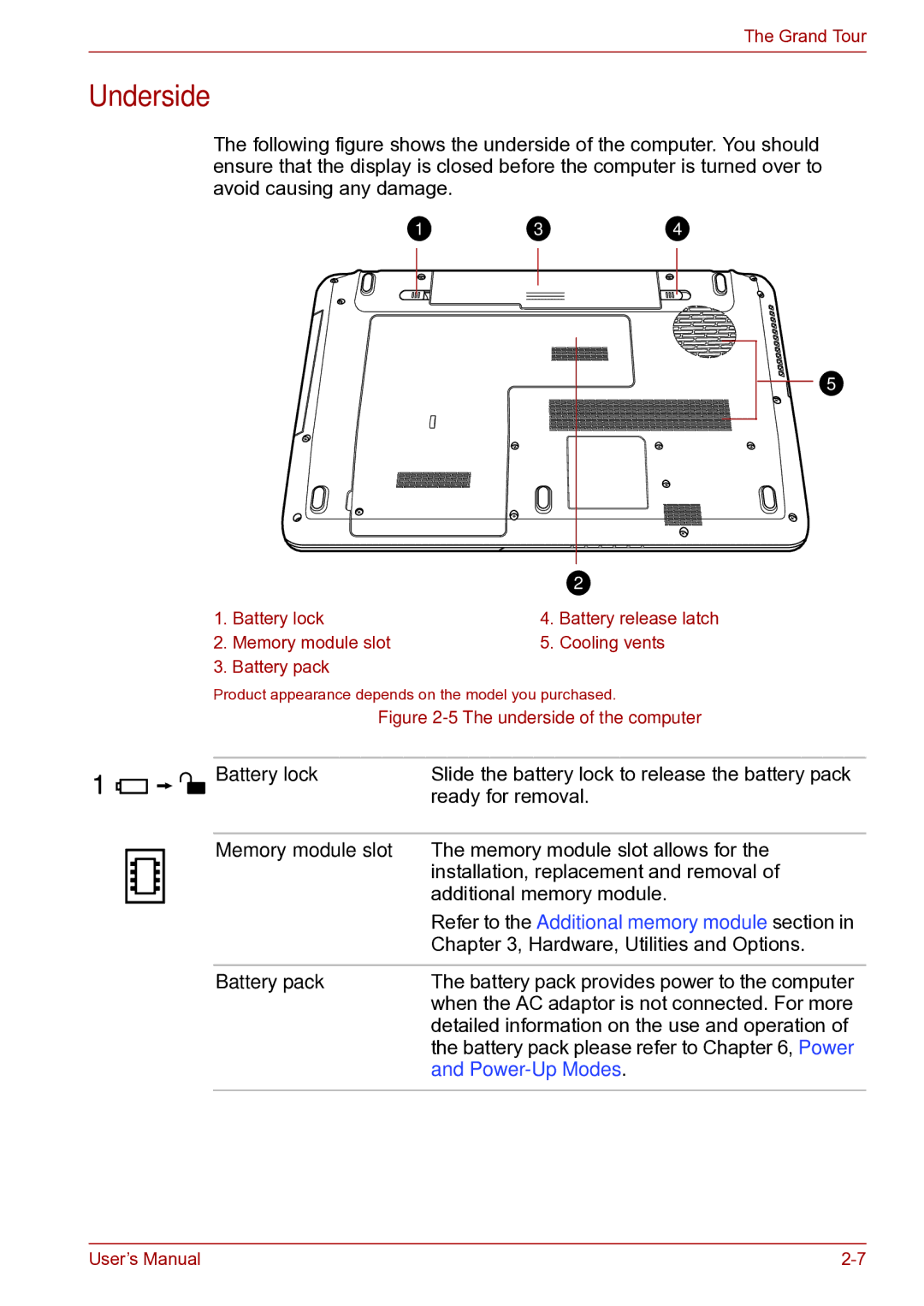 Toshiba toshiba satellite user manual Underside, Battery lock, Battery pack 