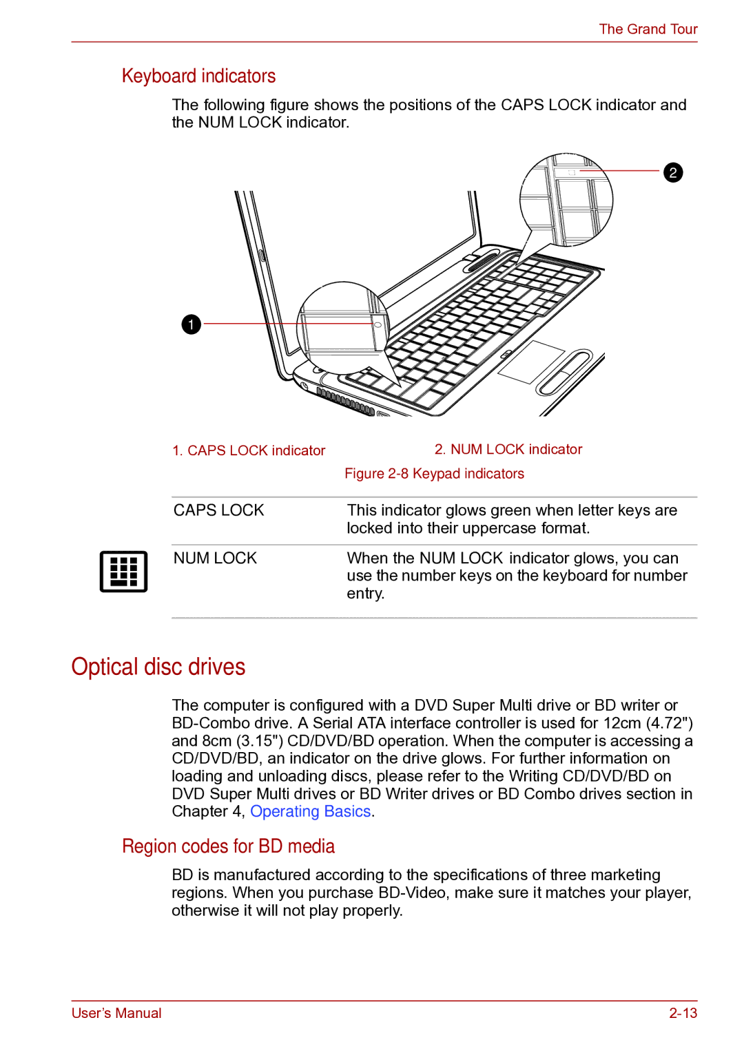 Toshiba toshiba satellite user manual Optical disc drives, Keyboard indicators, Region codes for BD media 