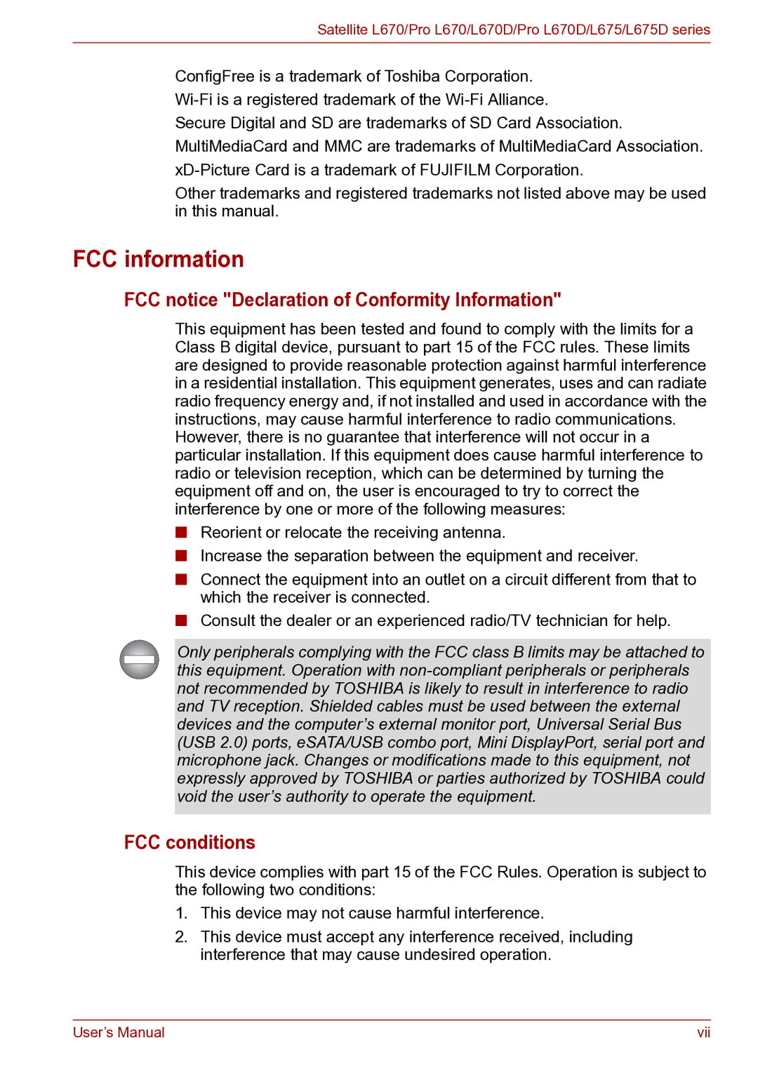 Toshiba toshiba satellite user manual FCC information, FCC notice Declaration of Conformity Information, FCC conditions 