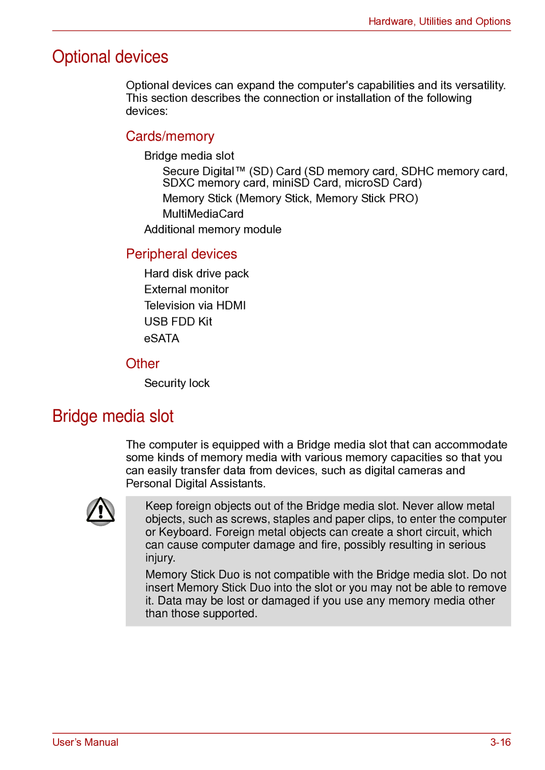 Toshiba toshiba satellite user manual Optional devices, Bridge media slot, Cards/memory, Peripheral devices, Other 